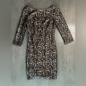 Aidan Mattox Black Beige Sequin Cocktail Mini Dress 3/4 0